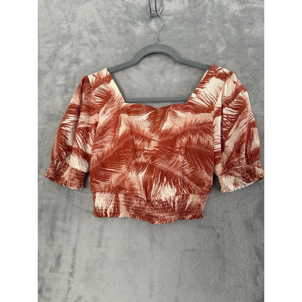Roxy Pure Sugar Crop Top Womens XS Palm Tree Smocked Puff Sleeve Tropical